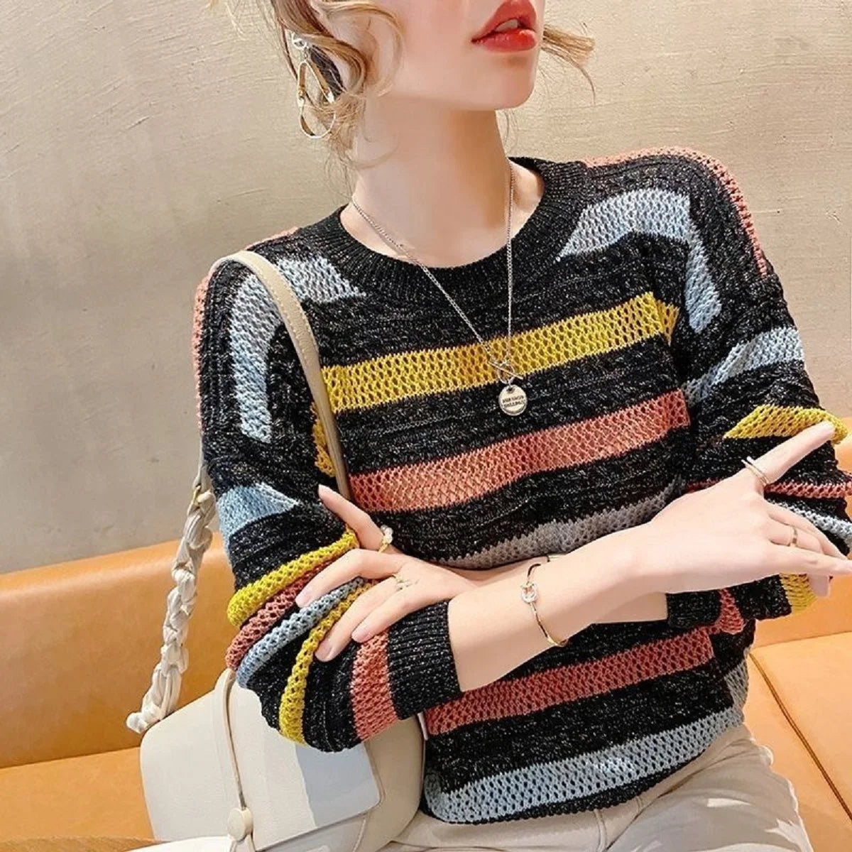 Pull à Rayures en Maille Colorée - Femme