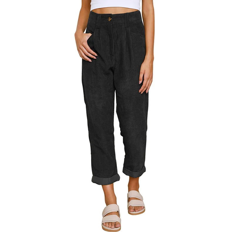 Pantalon en Velours Côtelé Taille Haute 7/8 Retroussé - Femme