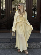 Ensemble Élégant Blouse à Volant & Jupe Longue Jaune
