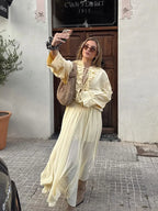 Ensemble Élégant Blouse à Volant & Jupe Longue Jaune