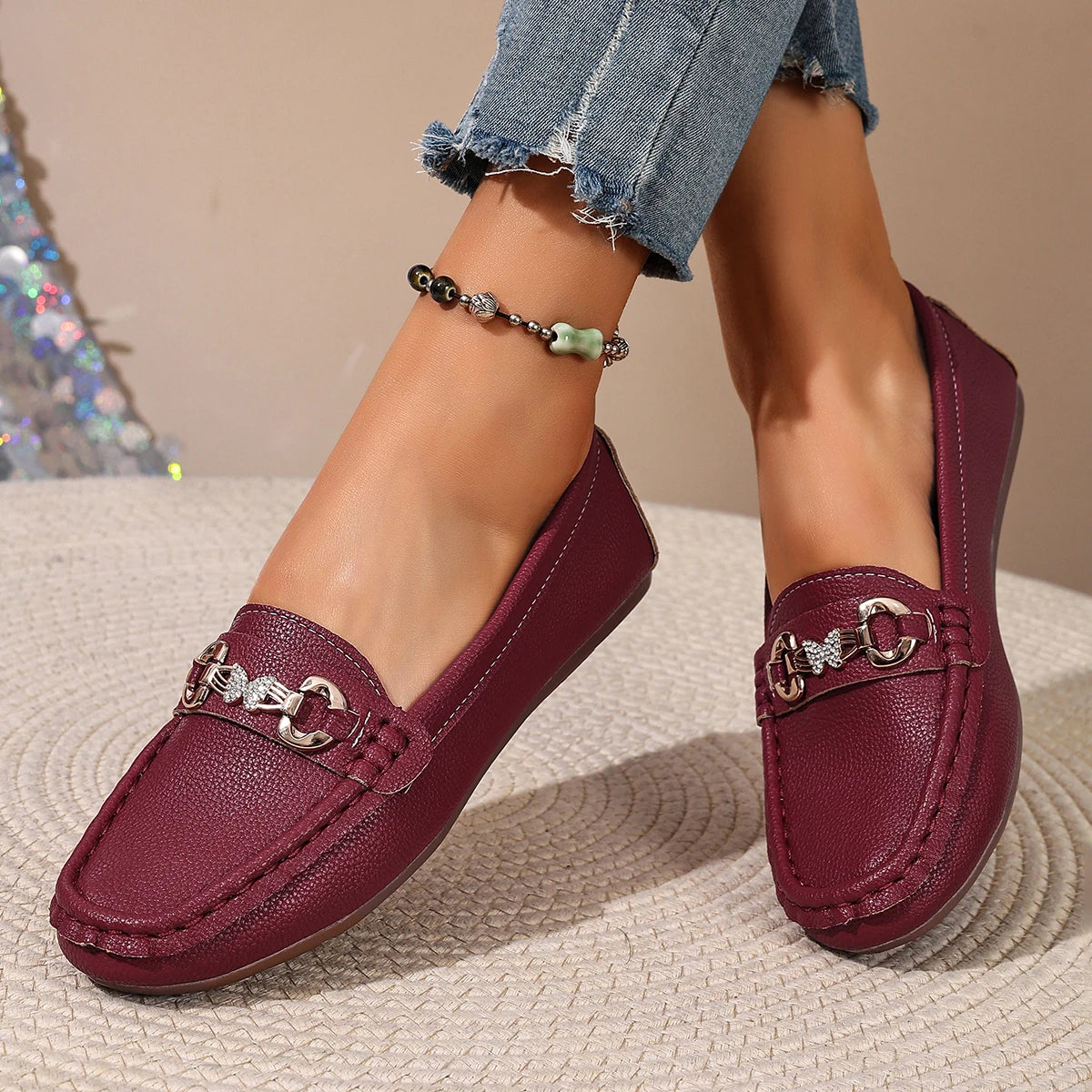 Mocassins Femme en Cuir PU à Bout Rond – Détails Papillon et Semelle Antidérapante