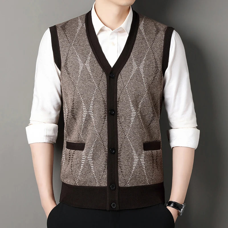 Cardigan tricot sans manches à carreaux