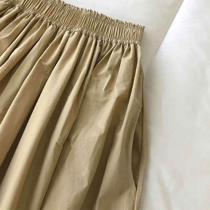 Jupe Longue Femme en Popeline de Coton – Taille Haute, Plissée avec Poches, Coupe Évasée Élégante et Décontractée