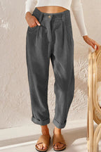 Pantalon en Velours Côtelé Taille Haute 7/8 Retroussé - Femme