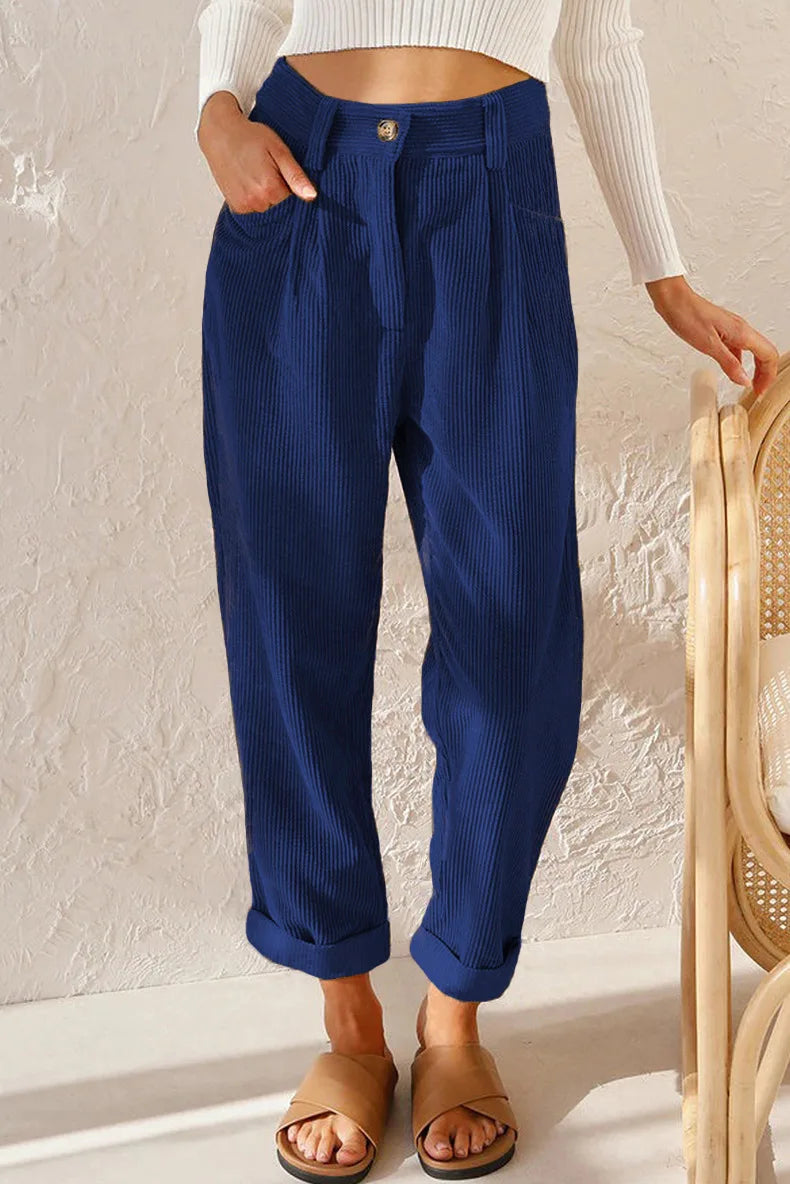 Pantalon en Velours Côtelé Taille Haute 7/8 Retroussé - Femme