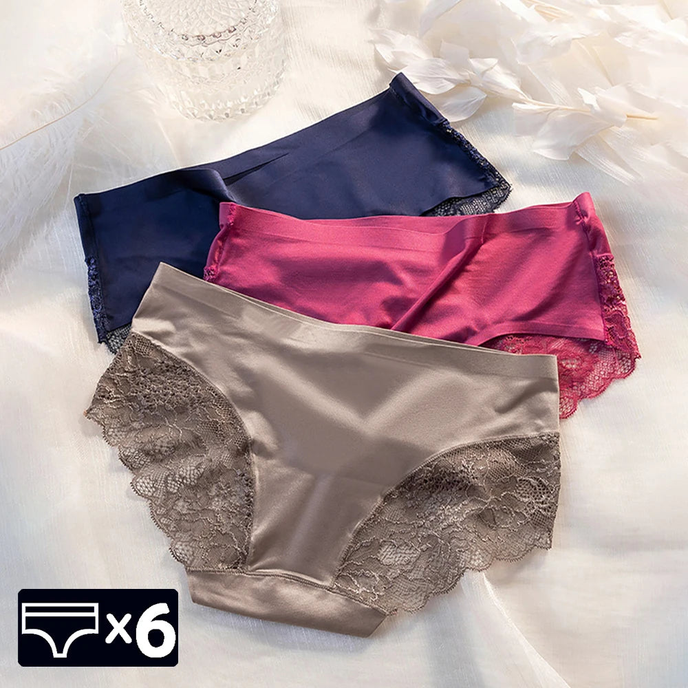 Lot de 6 Culottes en soie glacée invisibles avec dentelle