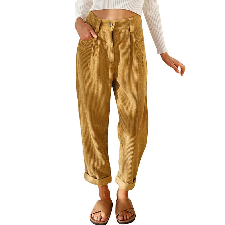 Pantalon en Velours Côtelé Taille Haute 7/8 Retroussé - Femme