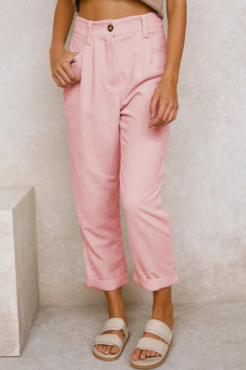 Pantalon en Velours Côtelé Taille Haute 7/8 Retroussé - Femme
