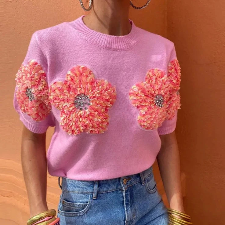 Pull élégant à manches courtes et col rond pour femmes - Fleurs 3D