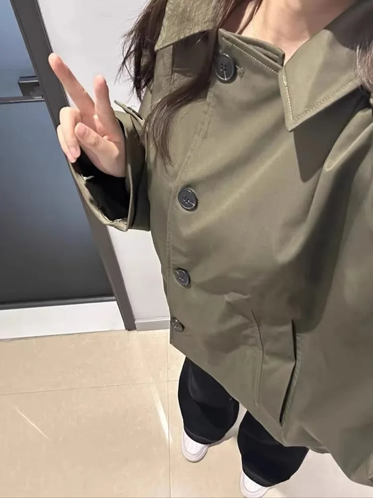 Trench Court à Capuche & Col Chemise Vert Kaki