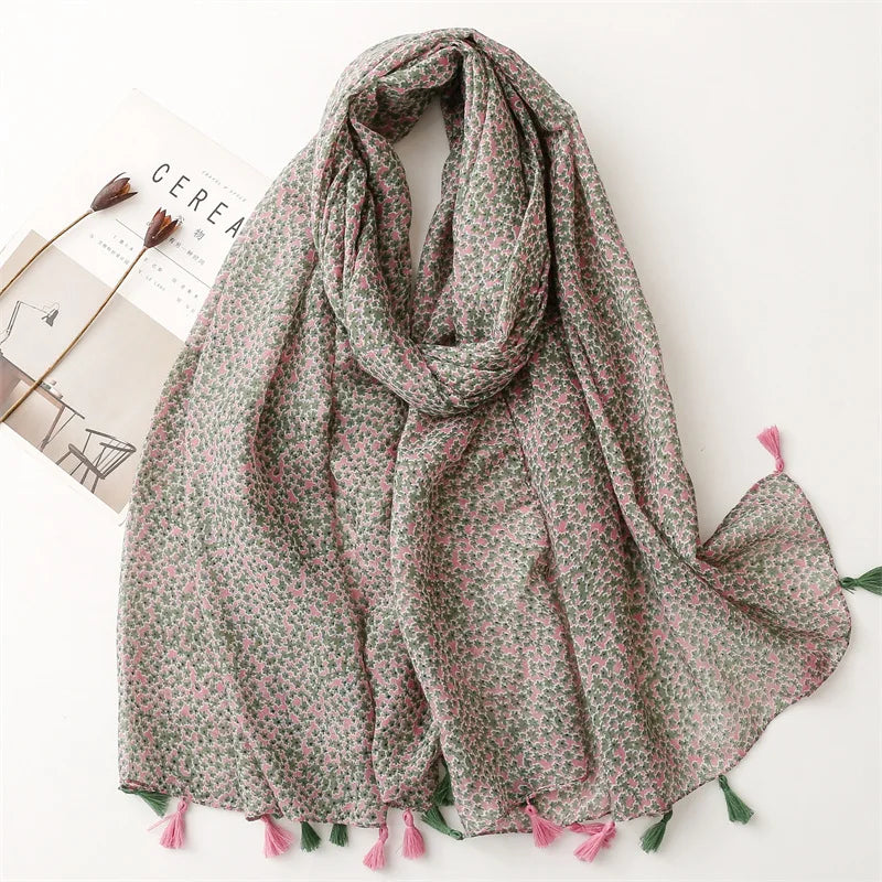 Foulard Printanier en Viscose à imprimé et pompoms