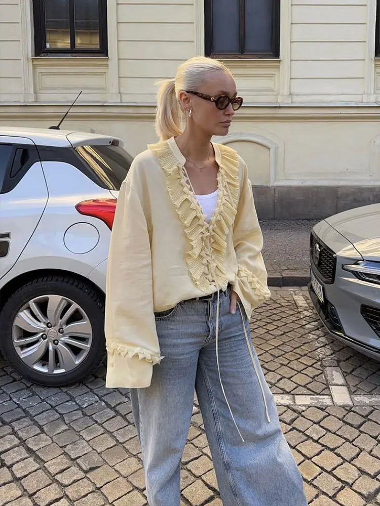 Ensemble Élégant Blouse à Volant & Jupe Longue Jaune