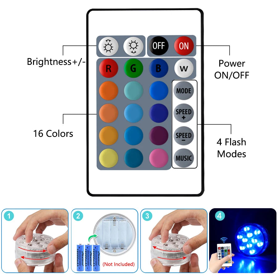 Lot de 4 Spots Lumineux RGB Waterproof - 16 Couleurs + 1 Télécommande