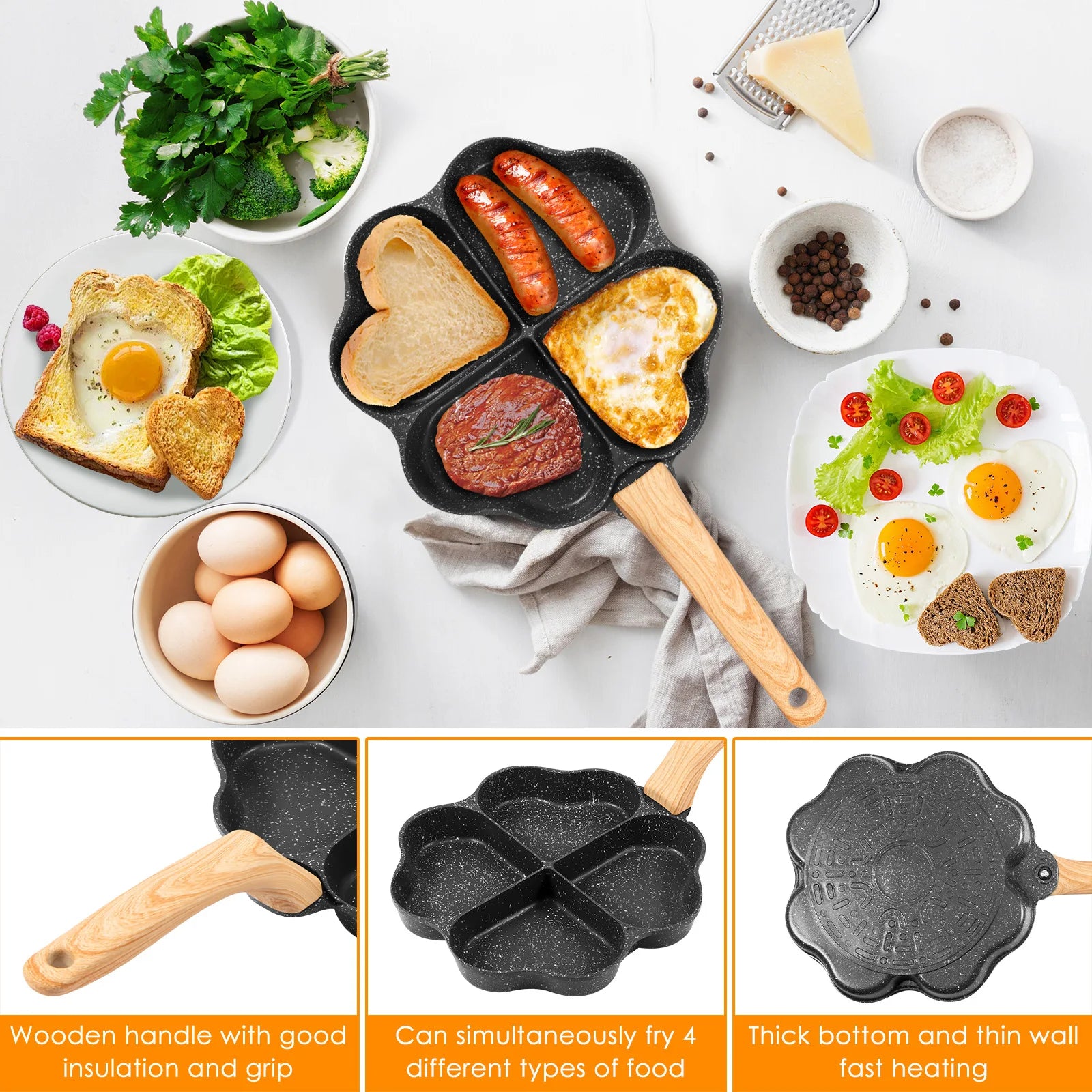 Poêle Cœur à 4 Emplacements Antiadhésive - Oeufs, Pancakes...