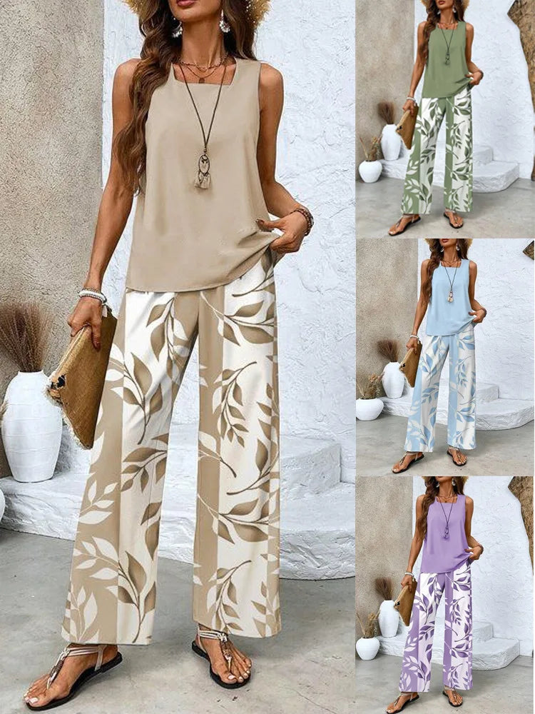 Ensemble Femme 2 Pièces Fluide – Débardeur Sans Manches et Pantalon Large à Imprimé Feuilles