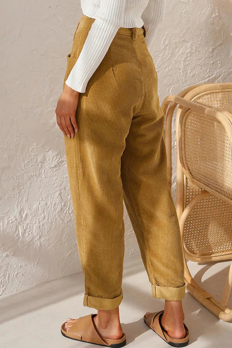 Pantalon en Velours Côtelé Taille Haute 7/8 Retroussé - Femme