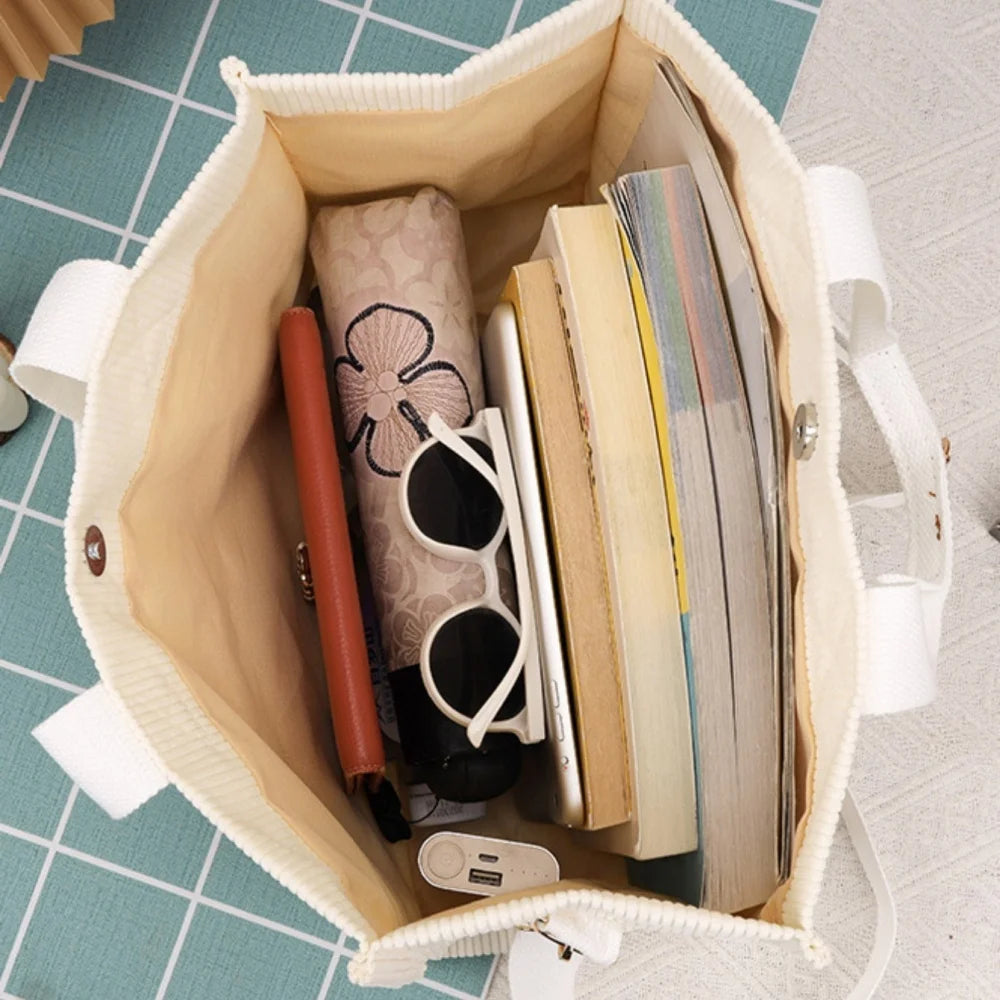 Sac à Bandoulière en Velours Côtelé Fourre-Tout Multi-Poches