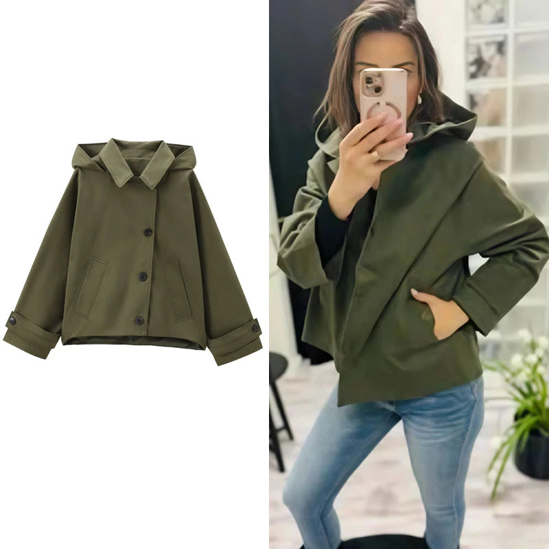 Trench Court à Capuche & Col Chemise Vert Kaki