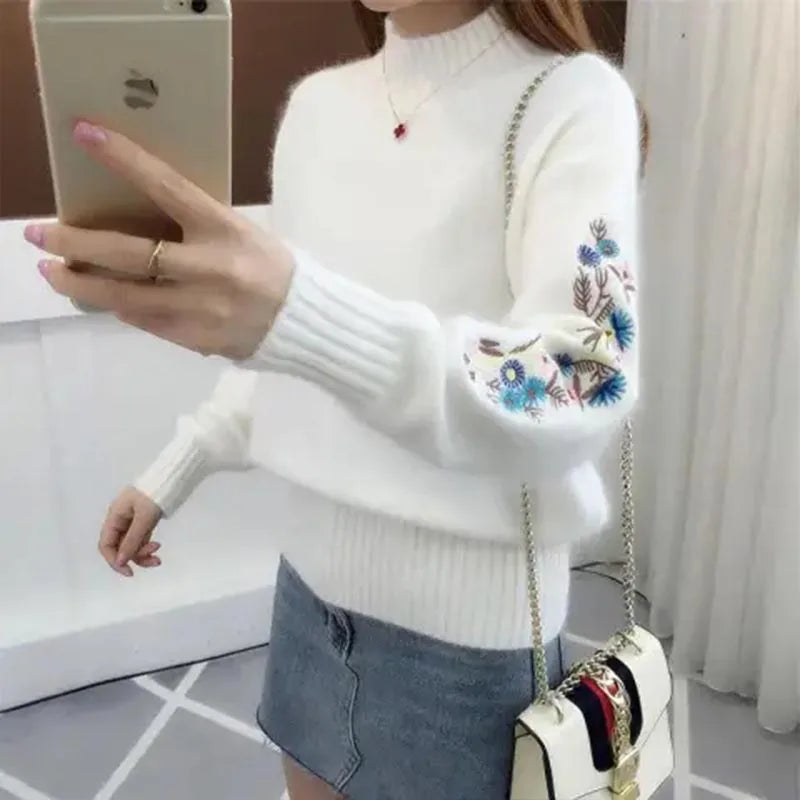 Pull en Tricot Chaud Manches avec Broderie Florale