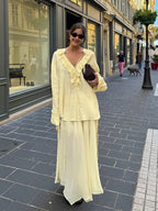 Ensemble Élégant Blouse à Volant & Jupe Longue Jaune