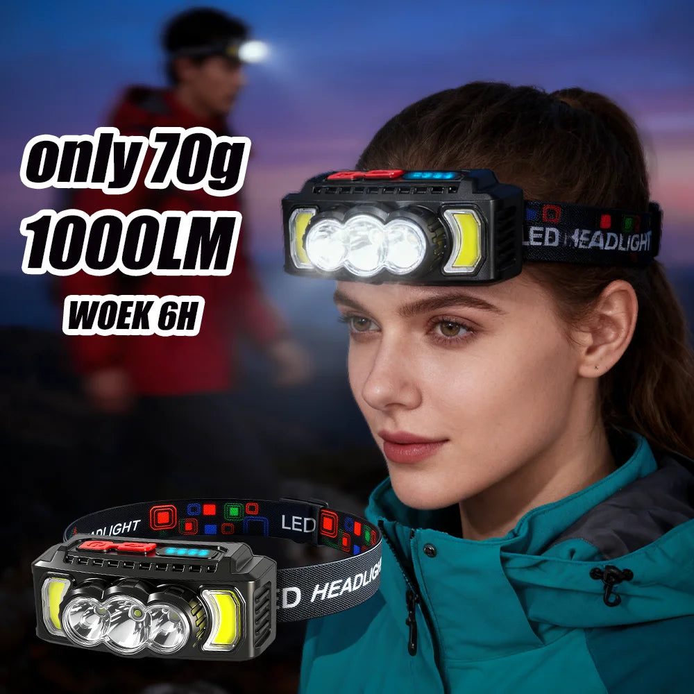 Lampe Frontale LED Rechargeable USB - 1000LM, légère 70g, idéale pour randonnée et course