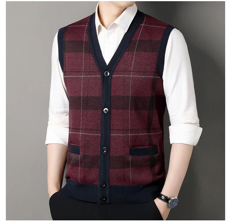 Cardigan tricot sans manches à carreaux