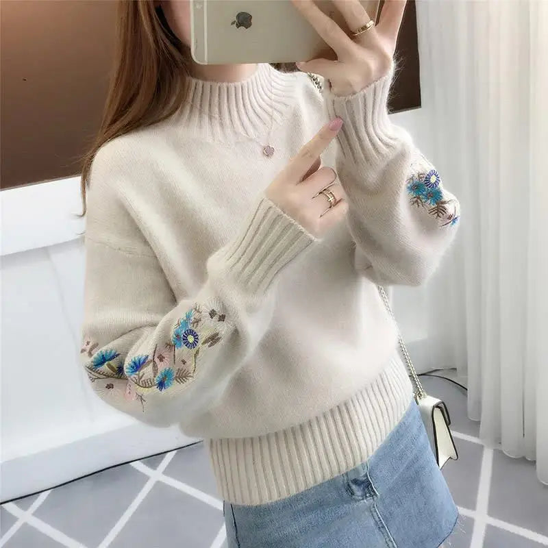 Pull en Tricot Chaud Manches avec Broderie Florale