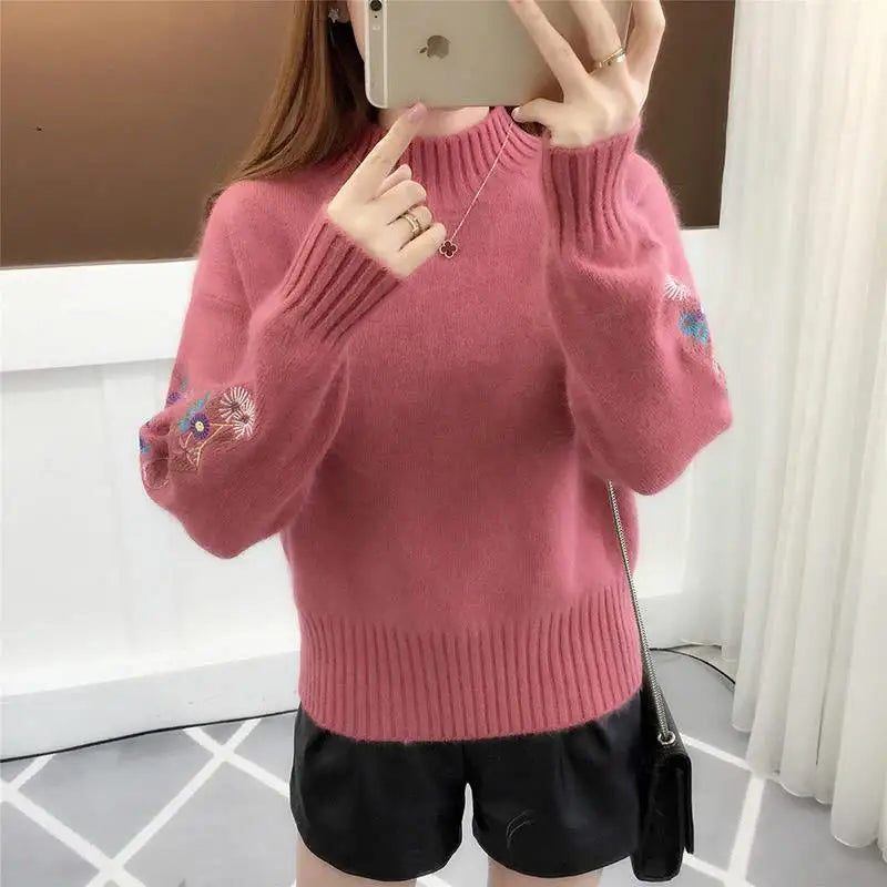 Pull en Tricot Chaud Manches avec Broderie Florale