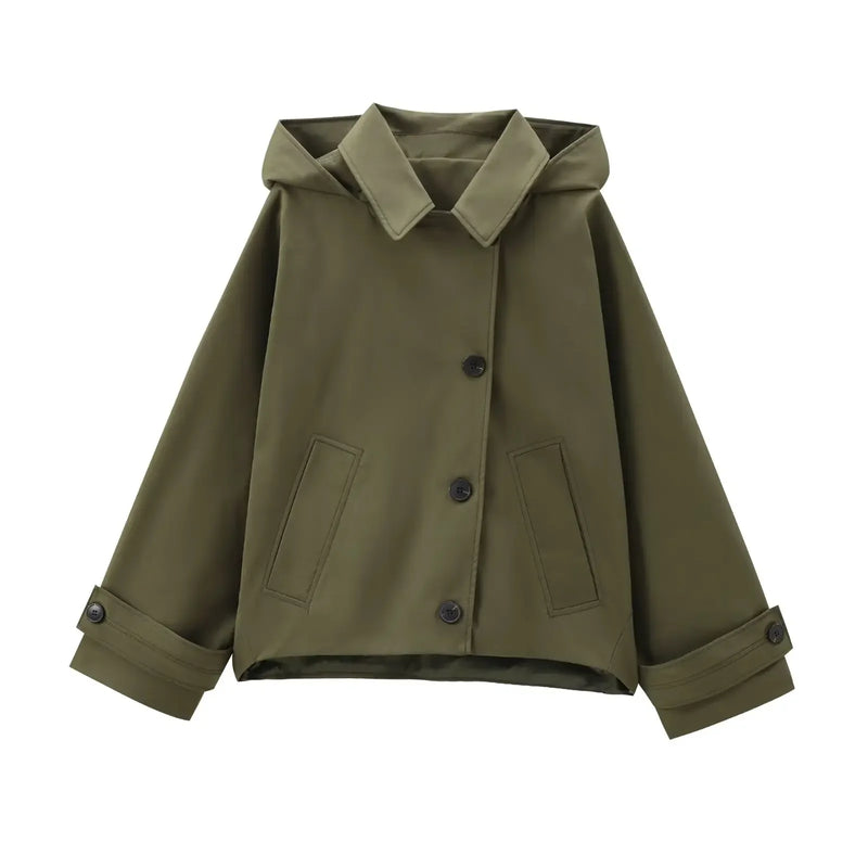 Trench Court à Capuche & Col Chemise Vert Kaki