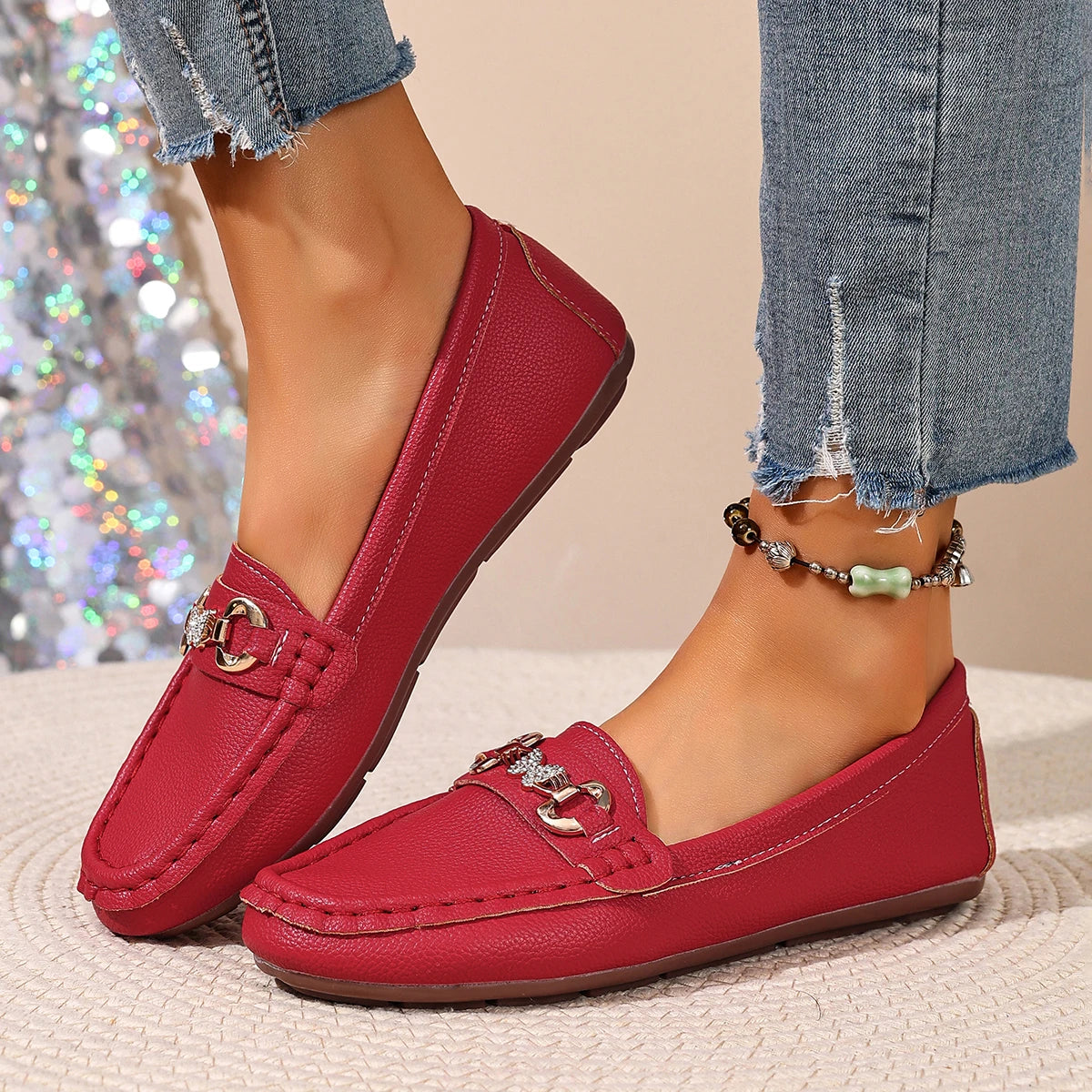 Mocassins Femme en Cuir PU à Bout Rond – Détails Papillon et Semelle Antidérapante