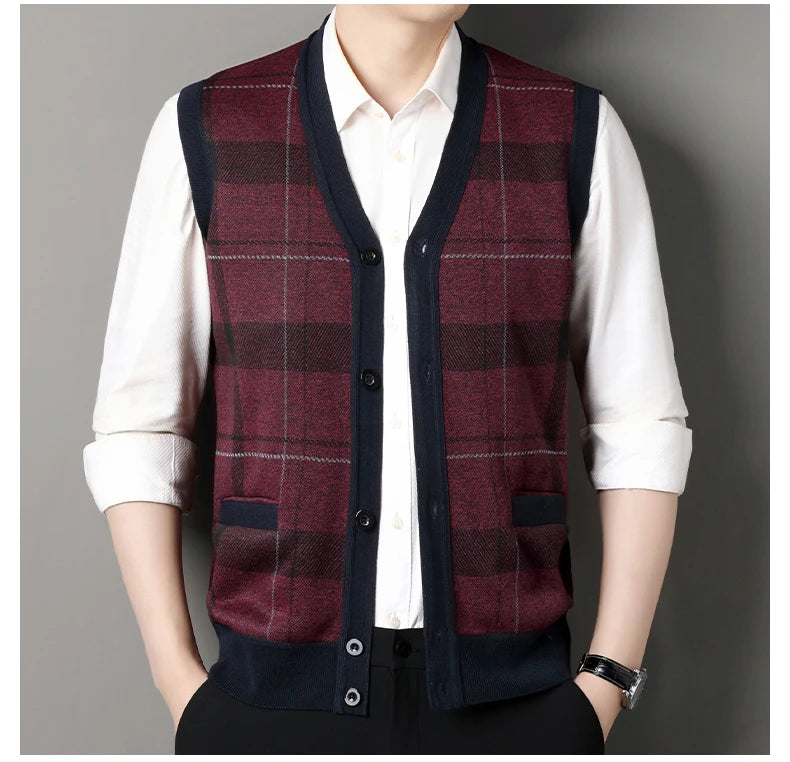 Cardigan tricot sans manches à carreaux