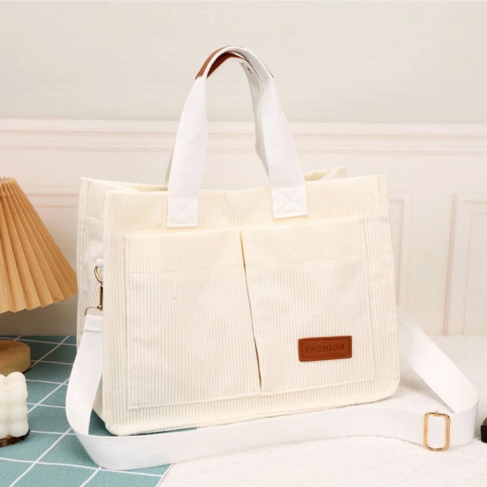 Sac à Bandoulière en Velours Côtelé Fourre-Tout Multi-Poches