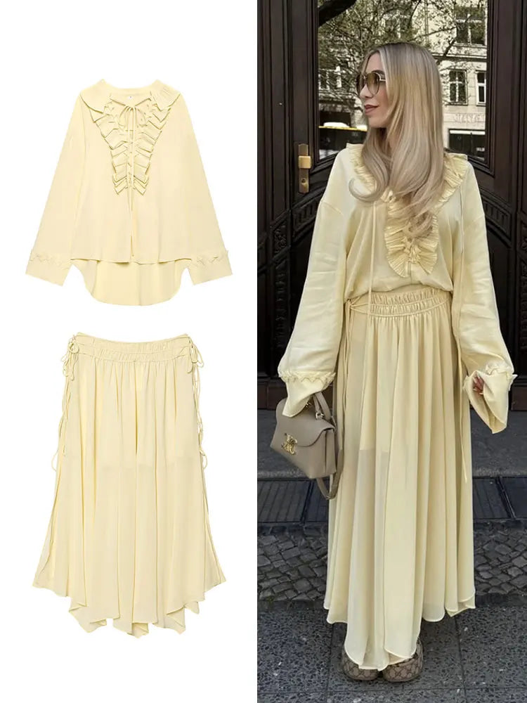 Ensemble Élégant Blouse à Volant & Jupe Longue Jaune