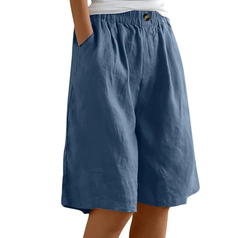 Short Long Femme Coton & Lin Taille Élastique