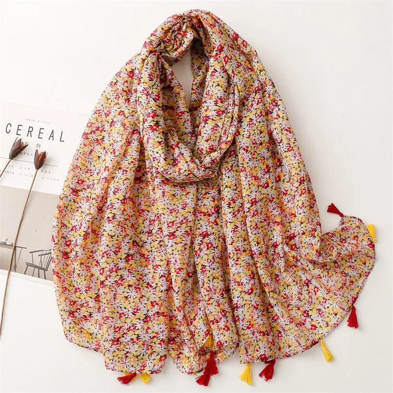 Foulard Printanier en Viscose à imprimé et pompoms