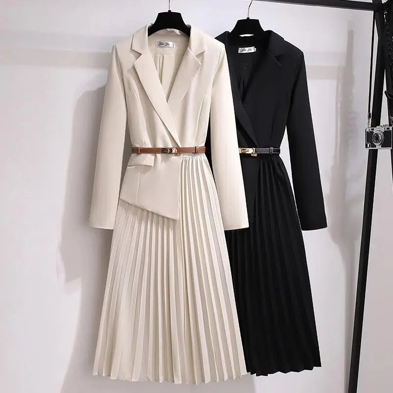 Robe 2 en 1 avec Ceinture Veste Tailleur et Jupe plissée