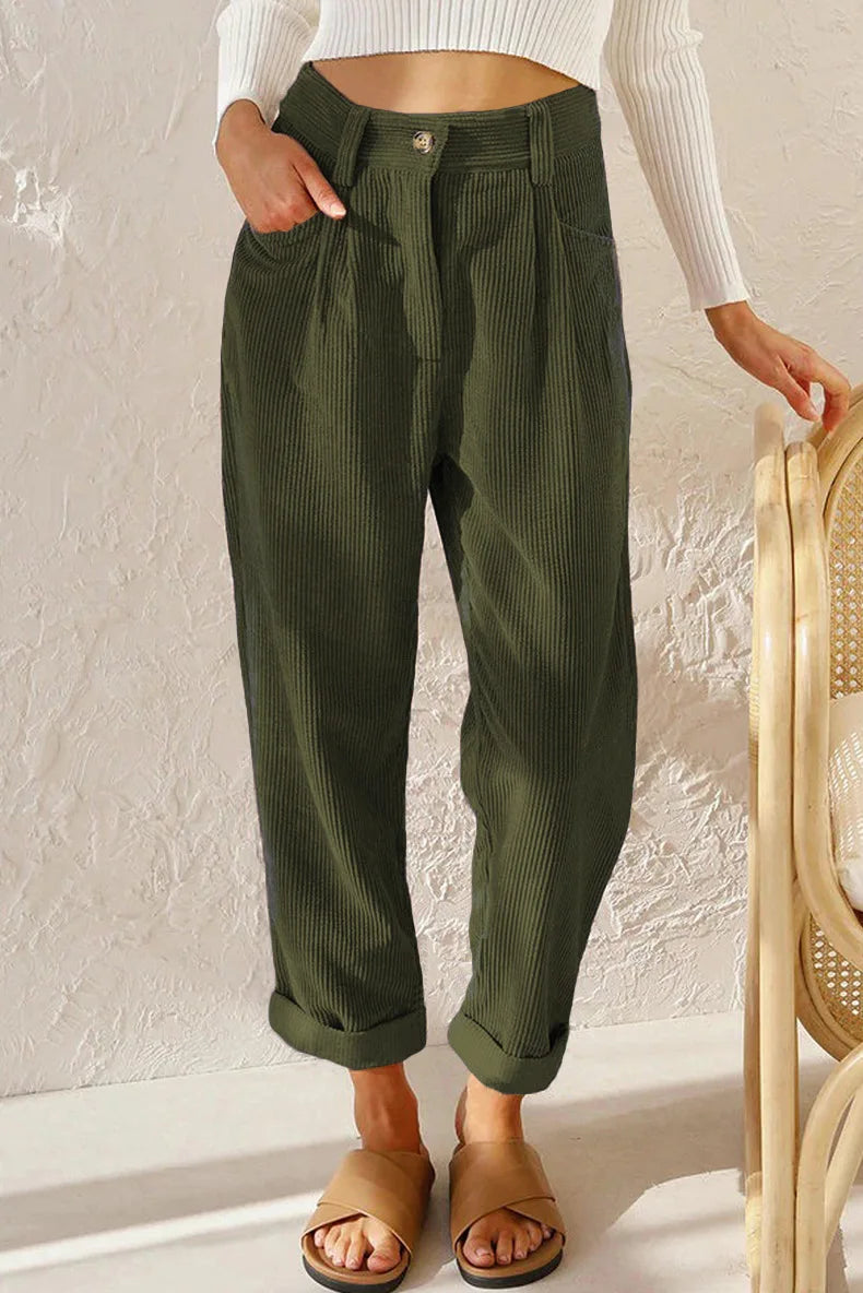 Pantalon en Velours Côtelé Taille Haute 7/8 Retroussé - Femme