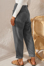 Pantalon en Velours Côtelé Taille Haute 7/8 Retroussé - Femme