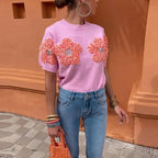 Pull élégant à manches courtes et col rond pour femmes - Fleurs 3D