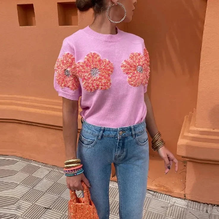 Pull élégant à manches courtes et col rond pour femmes - Fleurs 3D