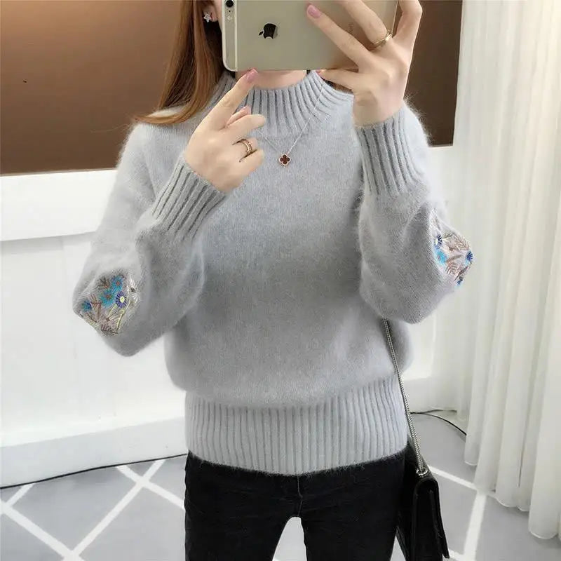 Pull en Tricot Chaud Manches avec Broderie Florale