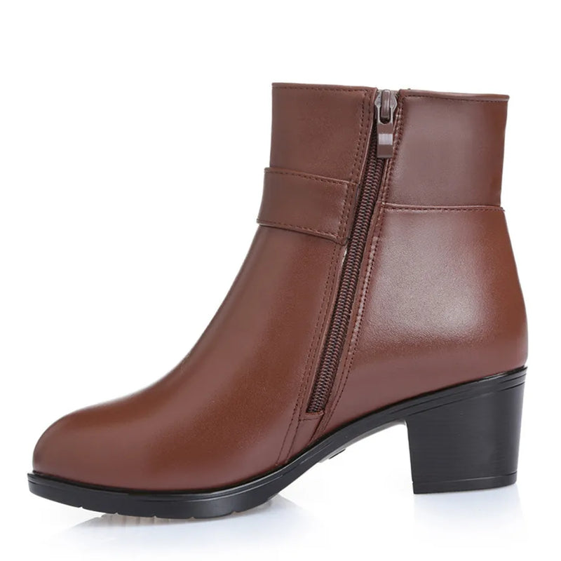Bottines à Talon en Cuir avec Boucle et Bijoux décoratifs