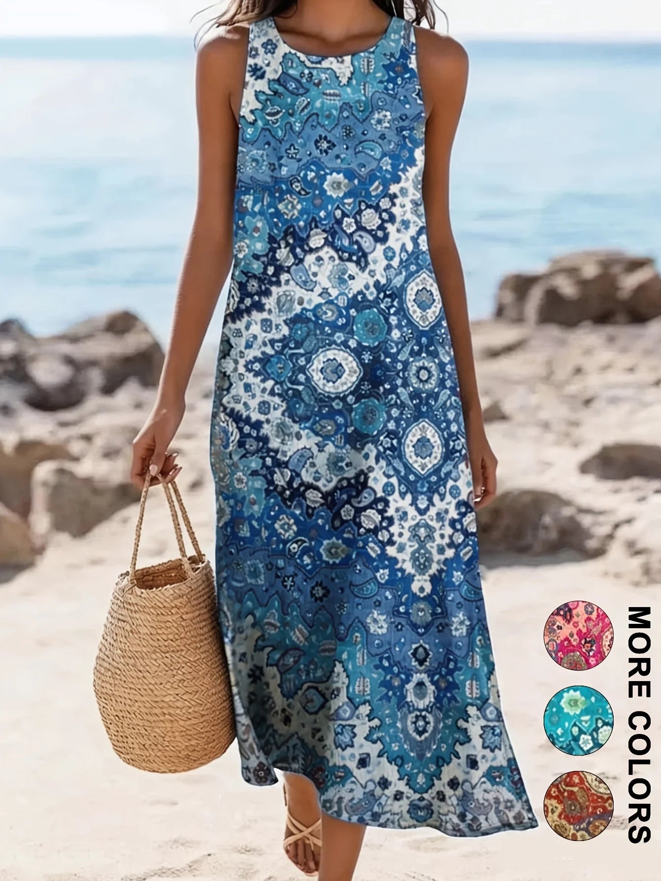 Robe Midi Bohème Fleurie Femme – Sans Manches, Coupe Ample et Fluide avec Poches