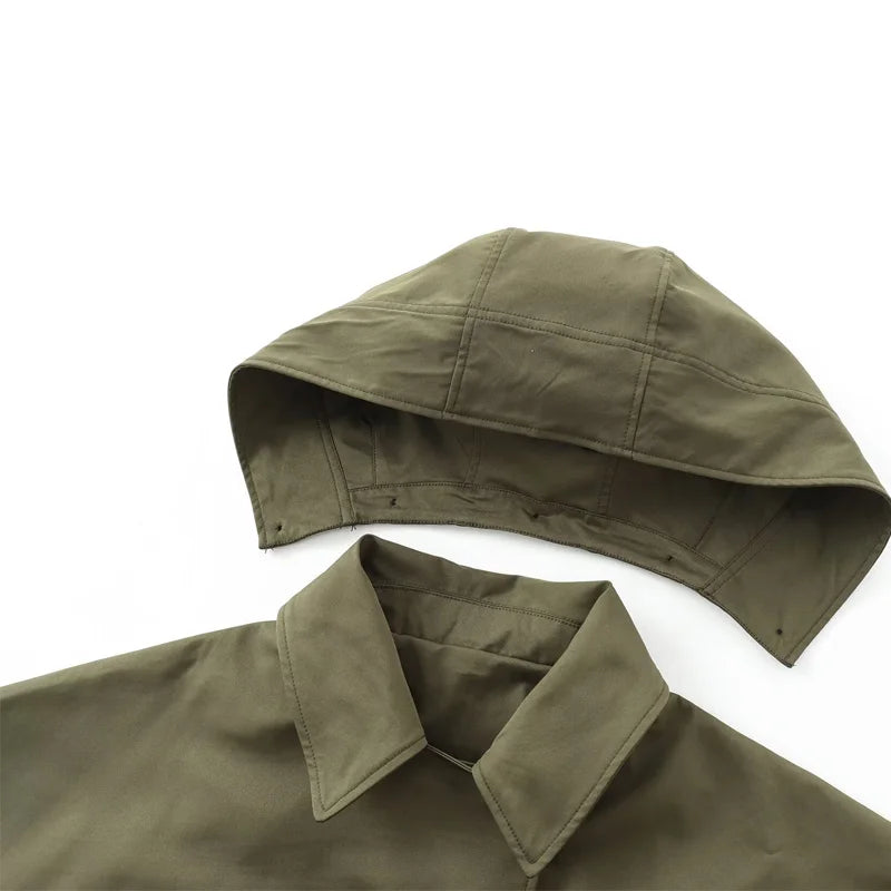 Trench Court à Capuche & Col Chemise Vert Kaki