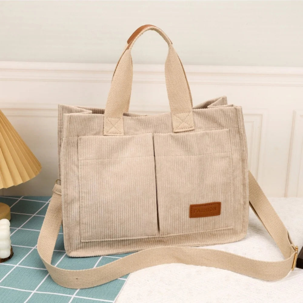 Sac à Bandoulière en Velours Côtelé Fourre-Tout Multi-Poches