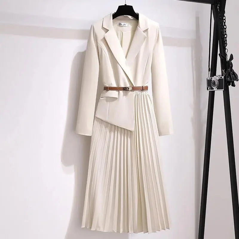 Robe 2 en 1 avec Ceinture Veste Tailleur et Jupe plissée