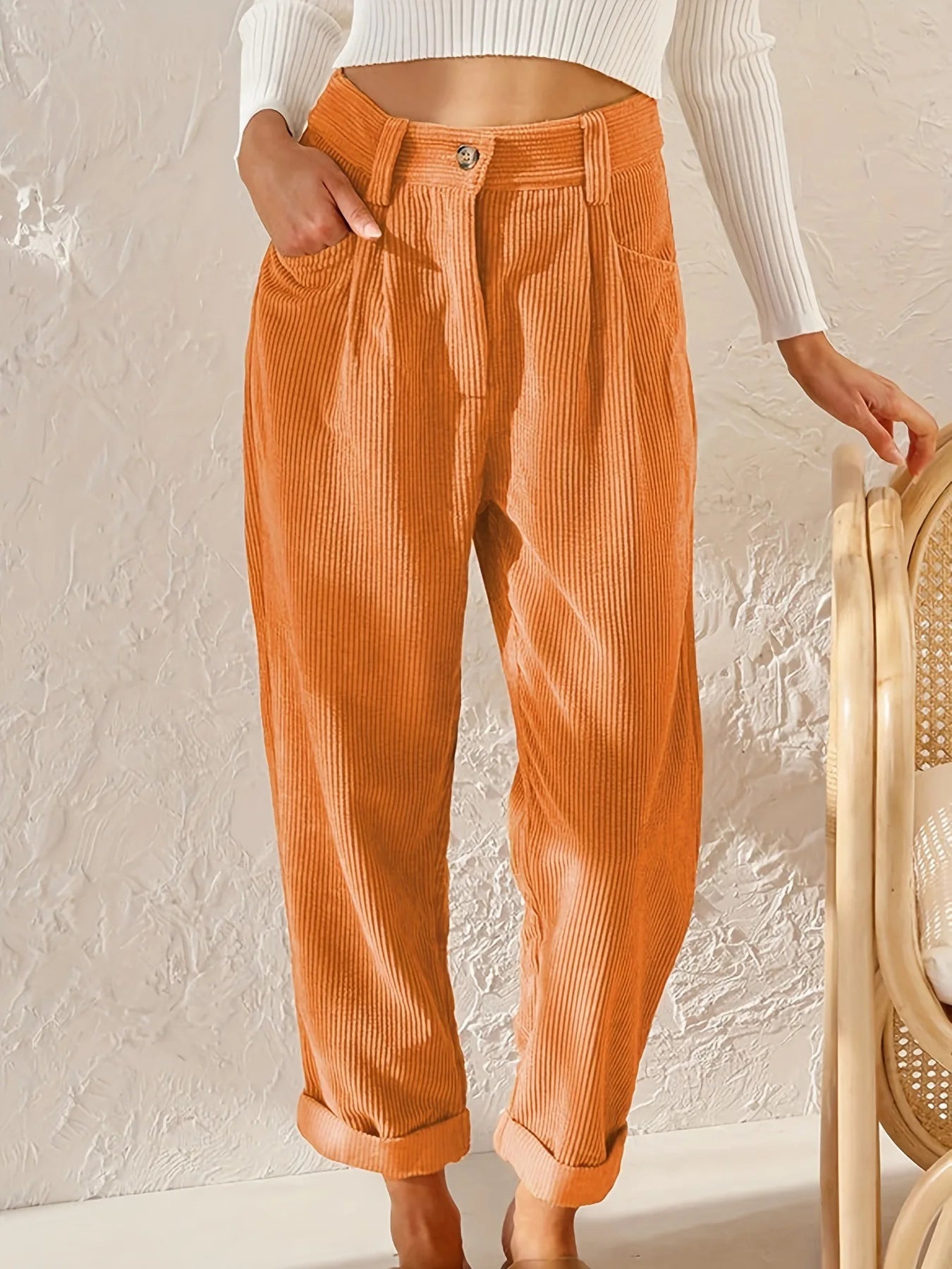 Pantalon en Velours Côtelé Taille Haute 7/8 Retroussé - Femme