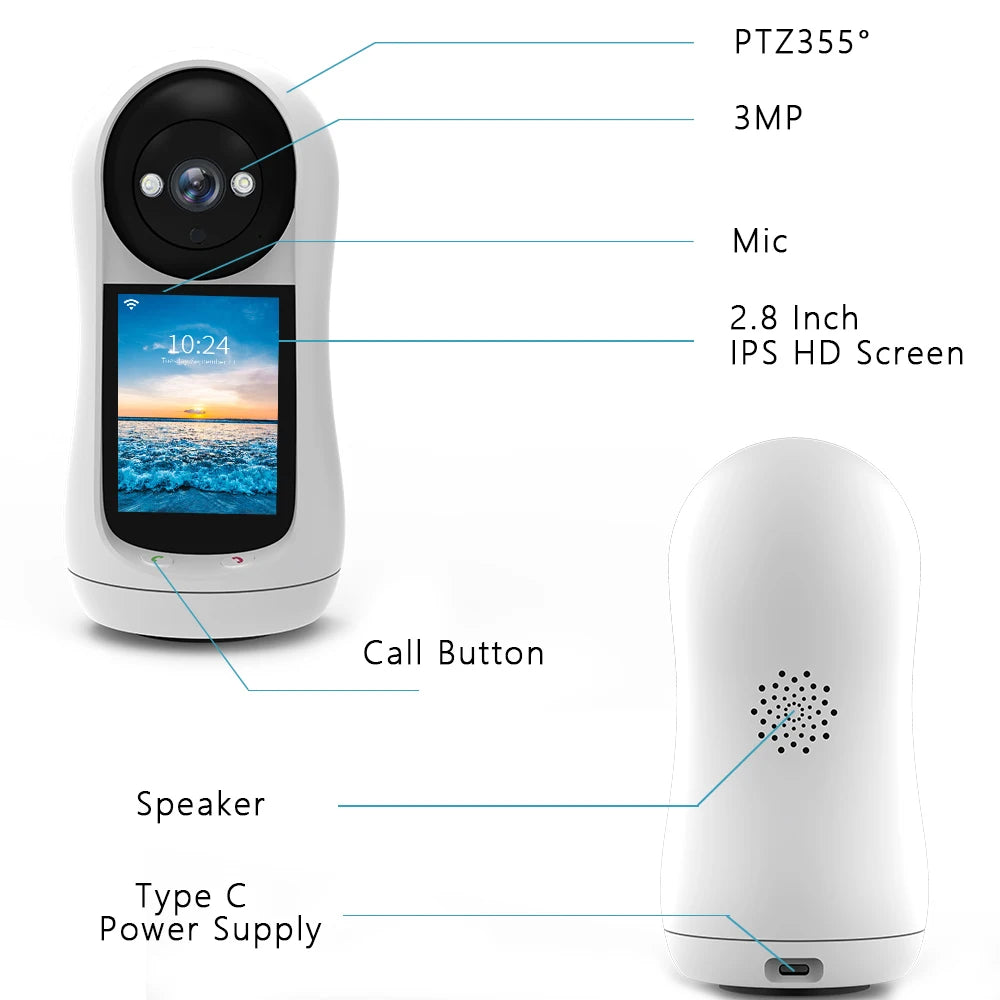 Caméra de surveillance WiFi 3MP avec écran 2.8 pouces intégré