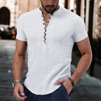 T-shirt vintage manches courtes et col en V coton et lin