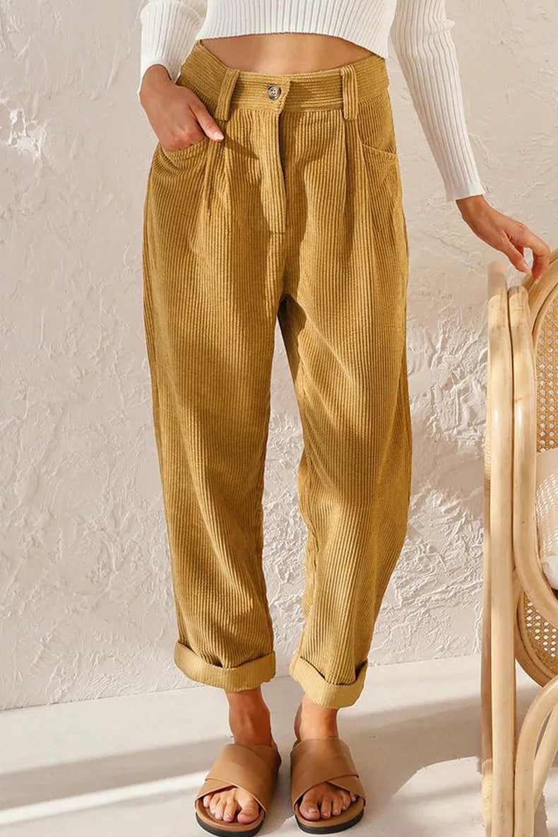 Pantalon en Velours Côtelé Taille Haute 7/8 Retroussé - Femme